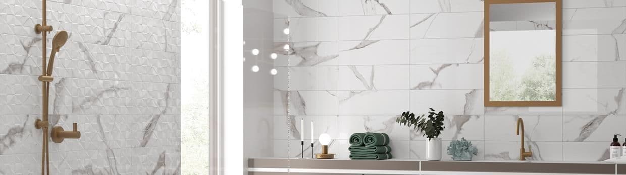 Cavan Calacatta ceramic gloss marble effect bathroom wall tile 600 x 200 x 1m2